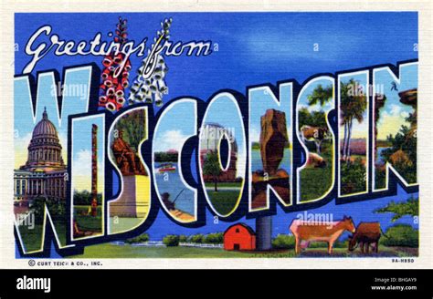 Greetings From Wisconsin Postcard 1939 Artist Unknown Stock Photo