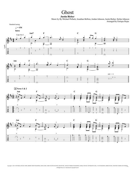 Justin Bieber Ghost Fingerstyle Guitar By Enrique Rojas Tab Sheet Music