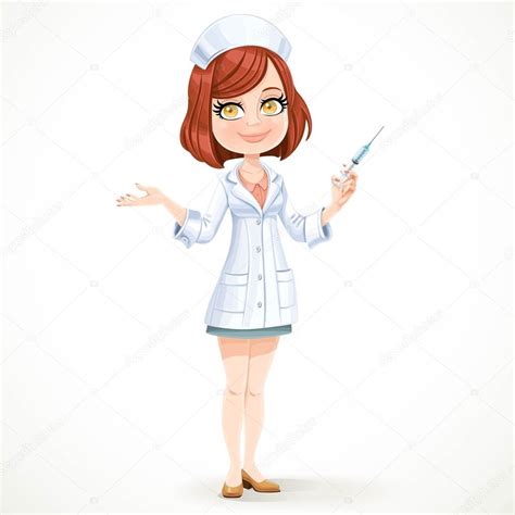 Cute girl nurse in white medical coat preparing make an injectio Stock Vector by ©yadviga 113748364