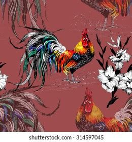 Seamless Watercolor Pattern Farm Roosters Silhouettes Stock