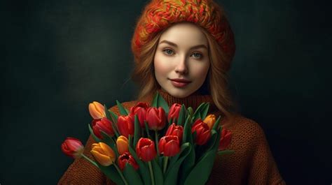 Premium AI Image Woman Holding Bouquet Of Fresh Bright Tulips