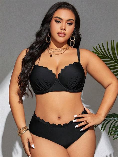 Shein Swim Curve Summer Beach Plus Size Scallop Underwire Bra Bikini