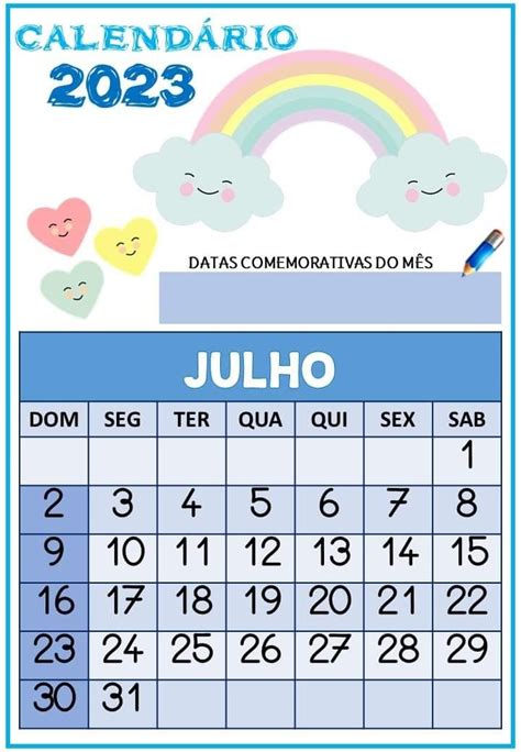 A Calendar For The Month Of July With Smiley Faces And Rainbows In Blue