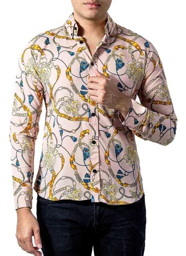 Camisa Hombre Casual Slim Fit Rosa Cadenas Doradas Moon Ra Meses