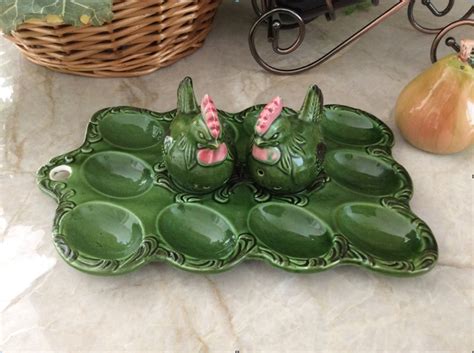 Green Vintage Deviled Egg Plate With Salt And Pepper Shakers Deviled Egg Plate Chickens And