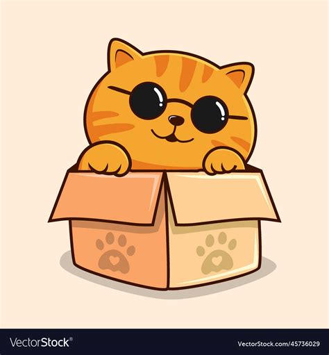 Striped Orange Cat In Box Cartoon Waving Hand Vector Image