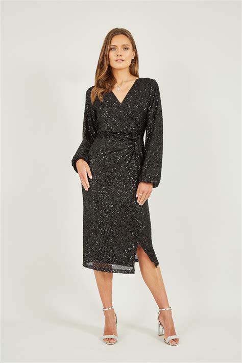 Yumi Black Sequin Ruched Wrap Long Sleeve Dress Yumi