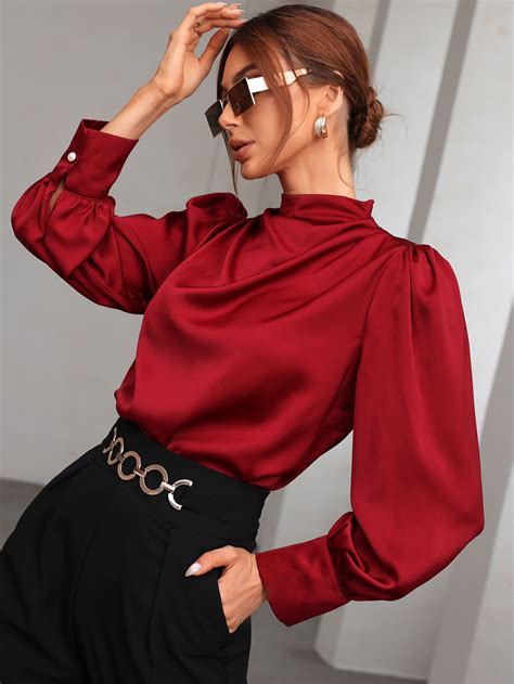 Shein Modely Mock Neck Puff Sleeve Satin Blouse Shein Usa