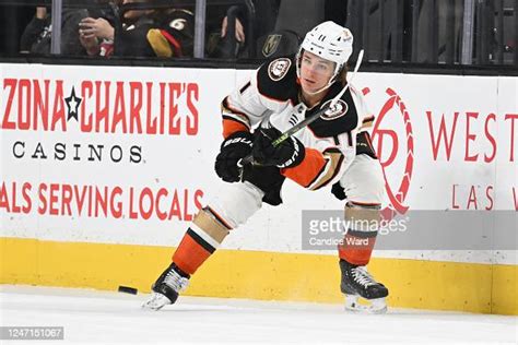 Trevor Zegras Of The Anaheim Ducks Passes The Puck In The Game