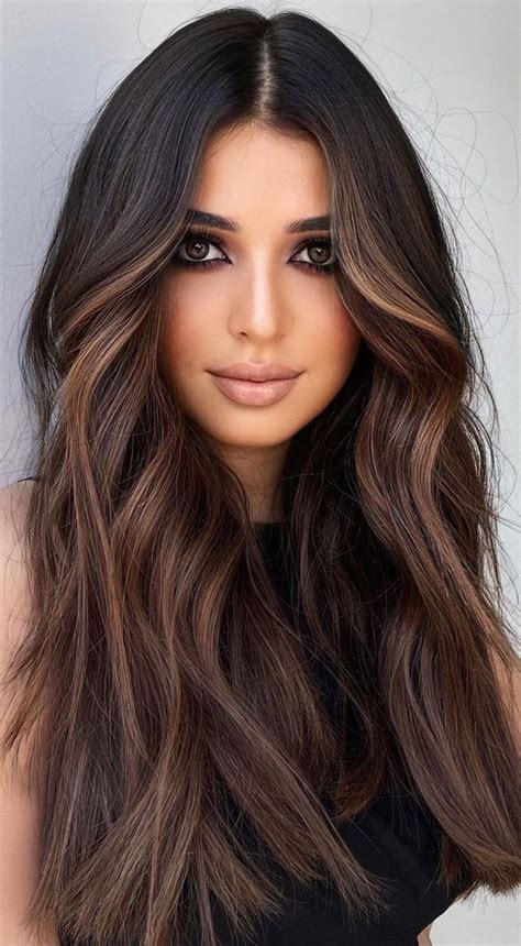 40 Pretty Hair Styles With Highlights And Lowlights Midnight Brown With Cinnamon Tone