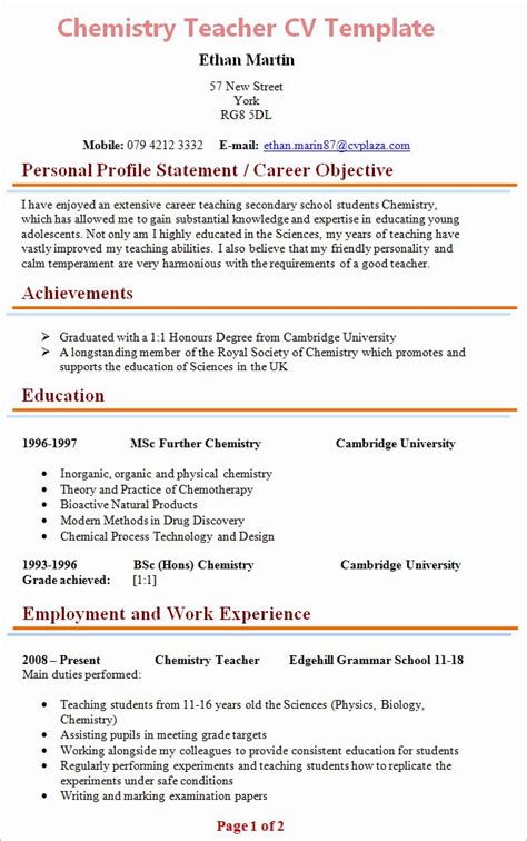 Free Teacher Resume Templates Best Of Chemistry Teacher Cv Template