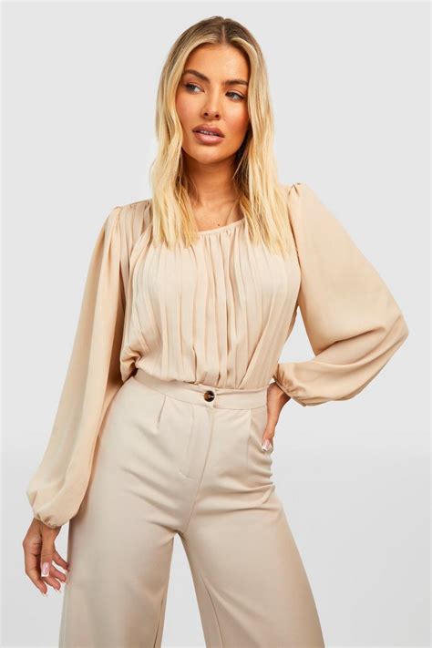 Stone Pleated Volume Sleeve Woven Blouse Boohoo Uk