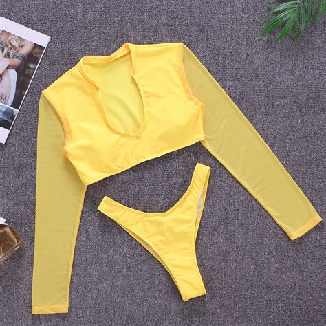 Long Sleeve Sexy Neon Mesh Crop Top Thong 2 Piece Set Extreme Micro String Women Bikini Swimwear