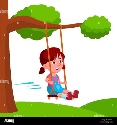 Girl Swinging On A Swing Tied To Tree Branch Vector Flat Cartoon