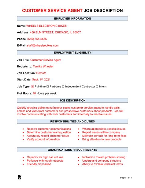 Free Customer Service Job Description Template Sample Word Pdf Eforms