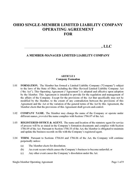 Free Ohio LLC Operating Agreement Templates 2 Secretary Of State