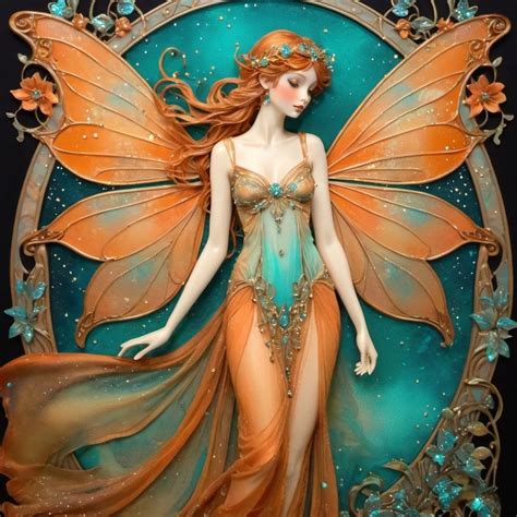 A Whimsical Elegant Fairy Dark Orange And Turquoise