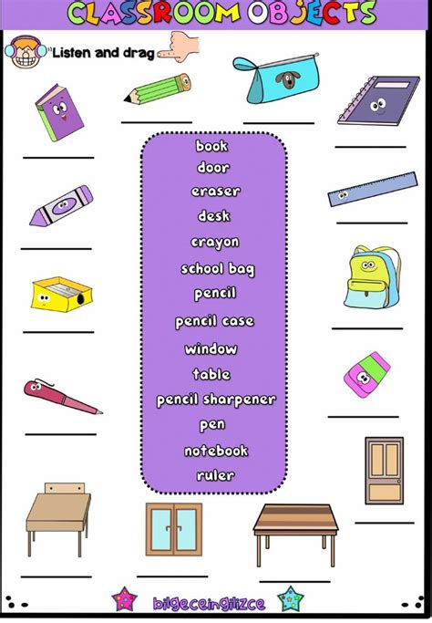 Classroom Objects Listen And Drag Worksheet English Worksheets For