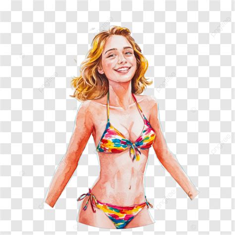 Cheerful Woman In Colorful Bikini Watercolor Illustration Woman