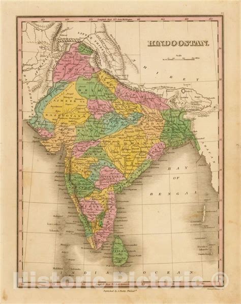 Historic Map Hindoostan 1824 Anthony Finley Vintage Wall Art