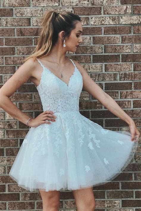 Cute V Neck Open Back White Lace Short Prom Dress White Lace Homecomi