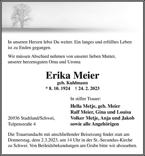 Traueranzeigen Von Erika Meier Nordwest Trauer De