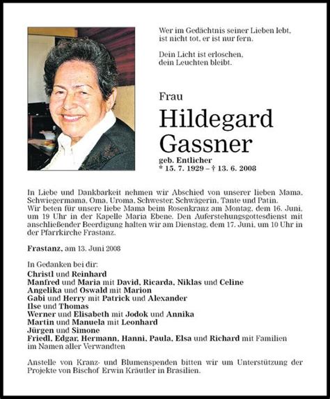 Todesanzeigen Von Hildegard Gassner Todesanzeigen Vorarlberger