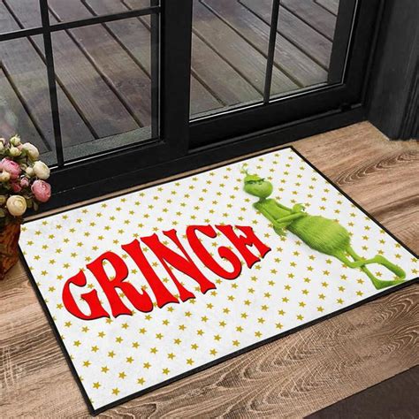 Christmas Door Mat – Grinch Smiling Stand Up Against Text Twinkle Stars ...