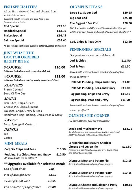 Menu Olympus Fish And Chip Restaurant And Takeaway