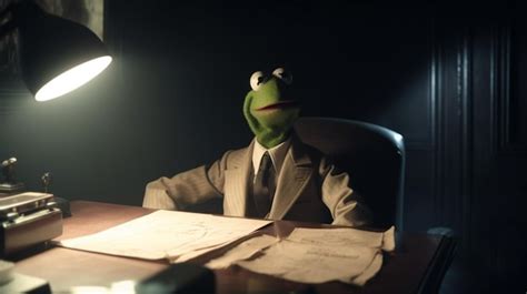 Kermit La Rana Sentada En Un Escritorio Foto Premium