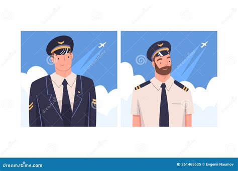 Man Aircraft Pilot Or Aviator In Cap And Uniform Smiling Vector Set