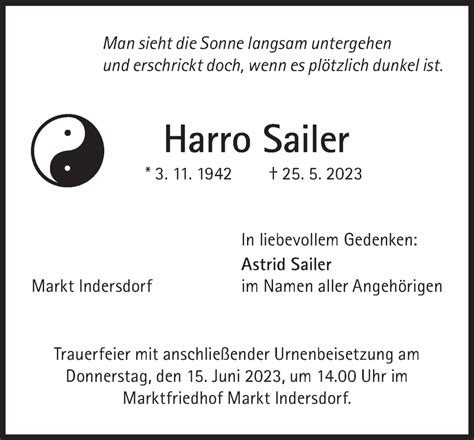 Traueranzeigen Von Harro Sailer Sz Gedenken De