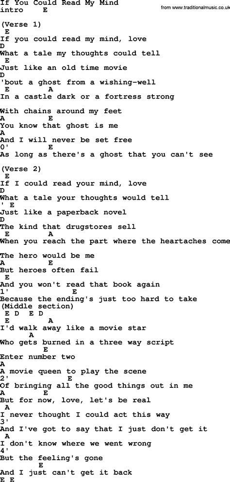 Johnny Cash Song If You Could Read My Mind Lyrics And Chords