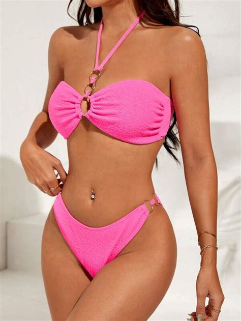 Ring Linked Halter Bikini Swimsuit With Beach Skirt SHEIN USA