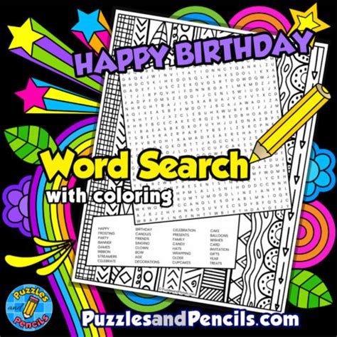 Happy Birthday Word Search Puzzle Activity Page With Coloring