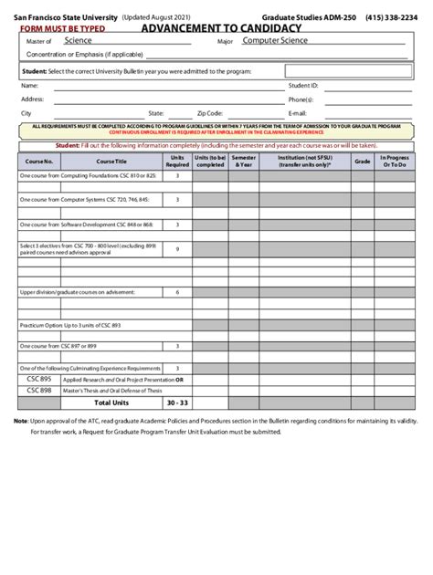 Fillable Online Grad Sfsu The Atc Is A Permanent Record Of Your