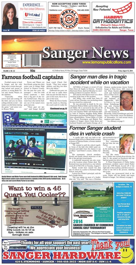 Sanger News Sanger Tex Vol No Ed Thursday August