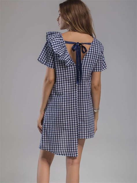 Gingham Frill Trim Tie Back Asymmetrical Hem Dress Shein Usa