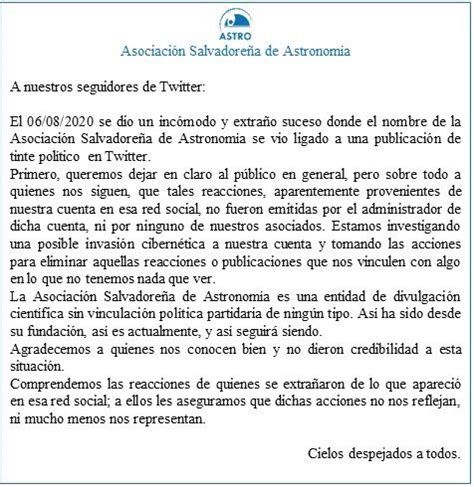 Asociaci N Salvadore A De Astronom A On Twitter Comunicado Astro