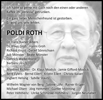 Traueranzeigen Von Poldi Roth Nordwest Trauer De