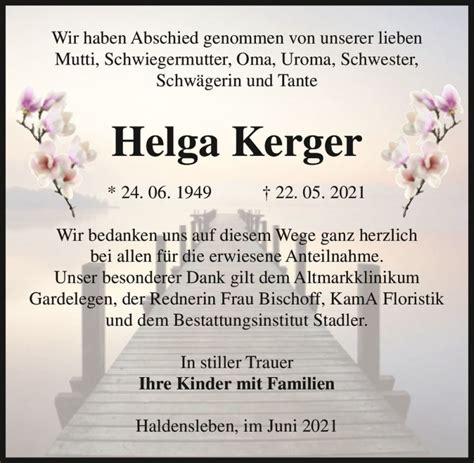 Traueranzeigen Von Helga Kerger Abschied Nehmen De