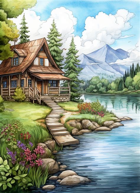 Cottage Dreams Watercolor Lake And Mountain Scenes Coloring Etsy