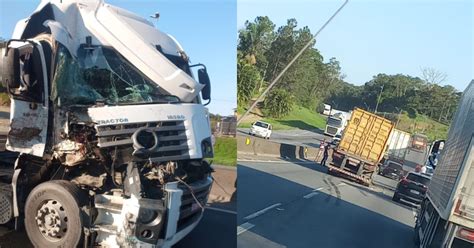 Colisão traseira entre caminhões causa congestionamento na BR 101 em