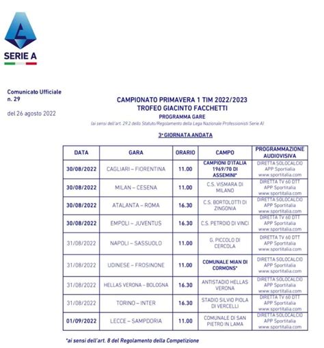 PRIMAVERA 1 PROGRAMMA GARE 3 GIORNATA