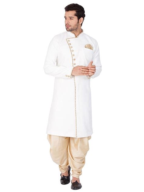 White Angrakha Style Sherwani With Golden Patiala Dhoti Exotic India Art