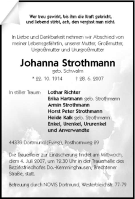 Traueranzeigen Von Johanna Strothmann Trauer In Nrw De