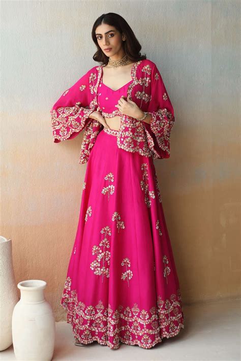 Buy Aman Takyar Pink Dupion Silk Embroidered Cape Lehenga Set Online