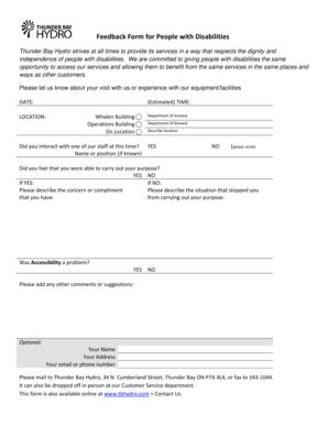 Fillable Online Tbhydro On Feedback Form For People With Disabilities