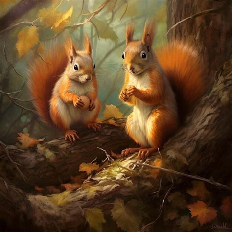 Premium Photo Painting Of Two Squirrels Sitting On A Tree Branch In