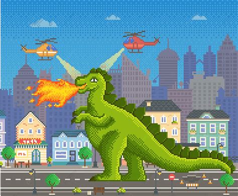 Green Pixel Dragon With Fire Fantasy Stop White Illustration